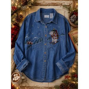 Vintage Bobbie Brooks Embroidered Ski Polar Bear Denim Shirt Winter Scene 18/20w